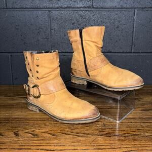 Remonte Tan Leather Ankle Boots Moto Buckle Side Zip Comfort EU 38 US 7.5